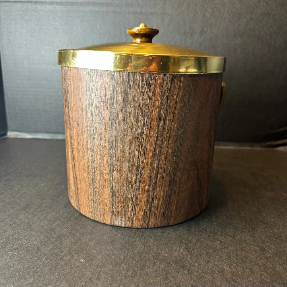 Vintage MCM Ice Bucket Faux Wood Grain Vinyl Brass Handle Lid Barware 1960s 70s